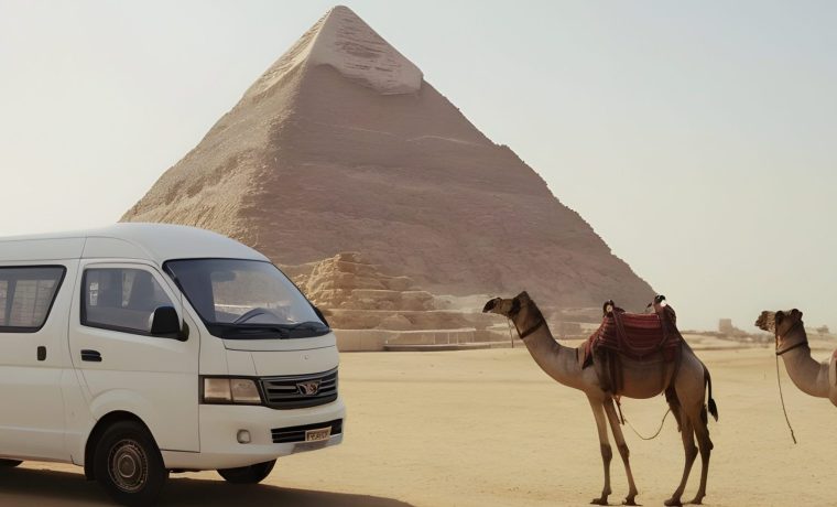 Pictures of the Giza Pyramids in Cairo, camels and transport vehicles