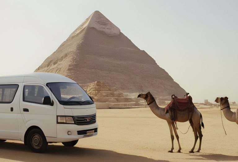 Pictures of the Giza Pyramids in Cairo, camels and transport vehicles